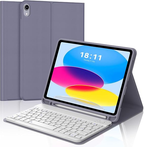 KVAGO for iPad A16 11th 10th Generation Case with Keyboard | Wireless Detachable Folio Keyboard Cover, Pencil Holder, for iPad A16 11-inch 2025 10th Generation 10.9 Inch 2022, Lavender
