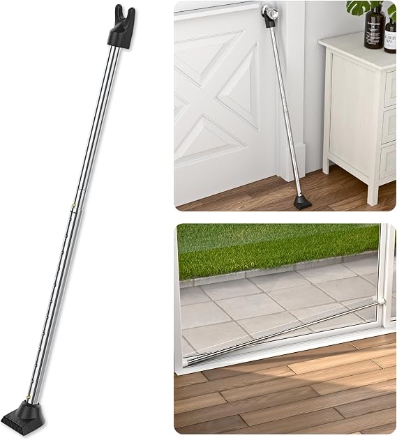 SECURITYMAN 3-in-1 Door Security Bar, Security Door Stoppers & Door Barricade Heavy Duty Adjustable Iron Security Lock Bar for Home Defense, Apartment & Travel Safety (1 Pack - Chrome)