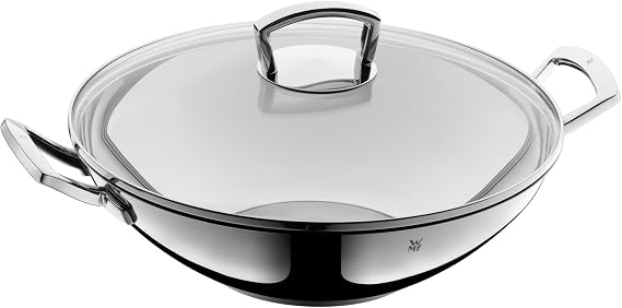 WMF Induction wok pan with lid 36 cm suitable for all types of cookers ideal for searing at high temperatures dishwasher safe Cromargan stainless steel