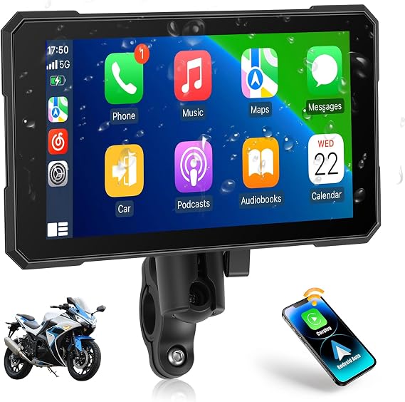 CAMECHO 5 Inch Motorcycle CarPlay GPS Navigation System with Wireless CarPlay Android Auto, IP67 Waterproof Touch Screen Car Play Moto with Bluetooth, Siri, Google Assistant, Bracket