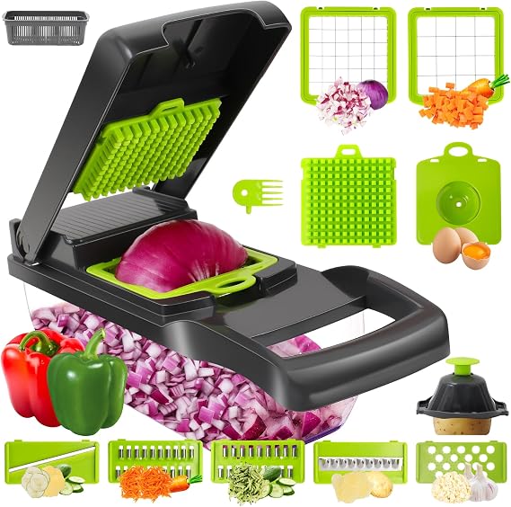 Pro Vegetable Chopper - 14 in 1 Multifunctional Food Chopper with 7 Blades, Onion, Carrot, Garlic Cutter, Gray