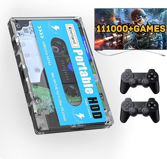 Kinhank 500G Portable External Game Hard Drive Disk, Built-in 111000+ Games, Batocera 33 Game System, Compatible with PS3/PS2/PSP/SEGA SETURN/DC, for Laptop/PC/Windows/Mac OS, 2 Gamepads (2 Gamepads)