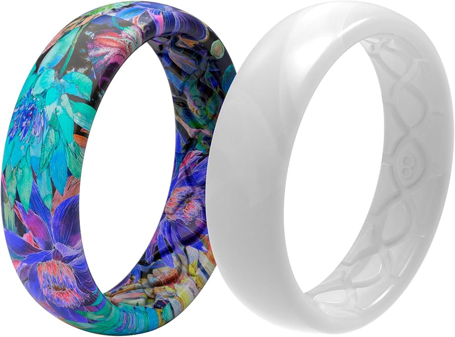 Groove Life Aspire Twilight Blossom and Solid Thin Pearl Silicone Ring Bundle - Size 8