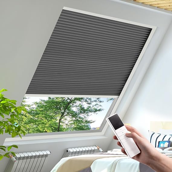 Motorized Honeycomb Shades Cordless Over-size Customized Cellular Blinds Window Shades for Skylight Roof Inclined Plane Room Windows-grey(93021F)