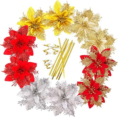 Christmas Decorations Flower Golden Stems Glitter Christmas Tree Ornaments for Xmas Wedding Party Wreath Decor Poinsettia Artificial Christmas Flowers Decor for Christmas Garland Red Silver Crafting