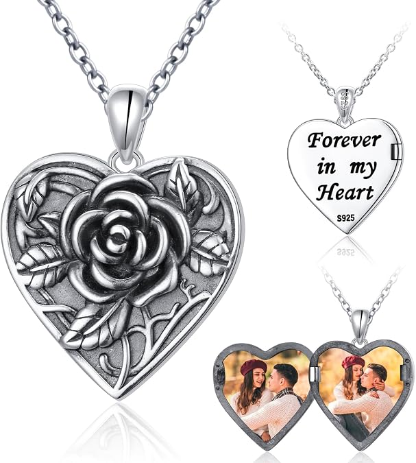 925 Sterling Silver Flower Heart Locket Necklace Hold 2 Photos Personalized Customized Picture Oxidized Flower Keepsake Pendant Necklaces Memory Jewelry Birthday Mom Gifts for Women Mother Wife Sisters