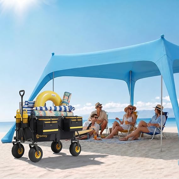Sekey Heavy Duty Beach Wagon with 9" Big Sand-Proof Wheels and Beach Shade Sun Shelter UPF 50+ 10x10 FT Portable Beach Canopy with Windproof Rope & Stability Poles