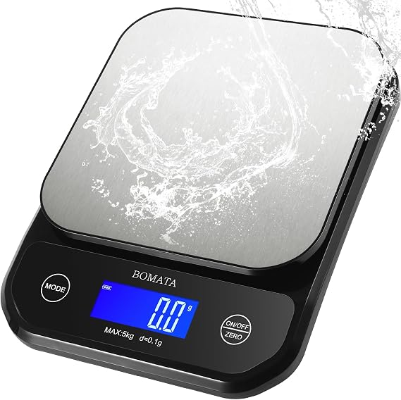 BOMATA Waterproof Kitchen Scale, 0.1g/0.01oz High Precision, 5kg/11lb, Washable, USB Rechargeable, Digital Scale for Food,Cooking, Baking, Weight Loss Black