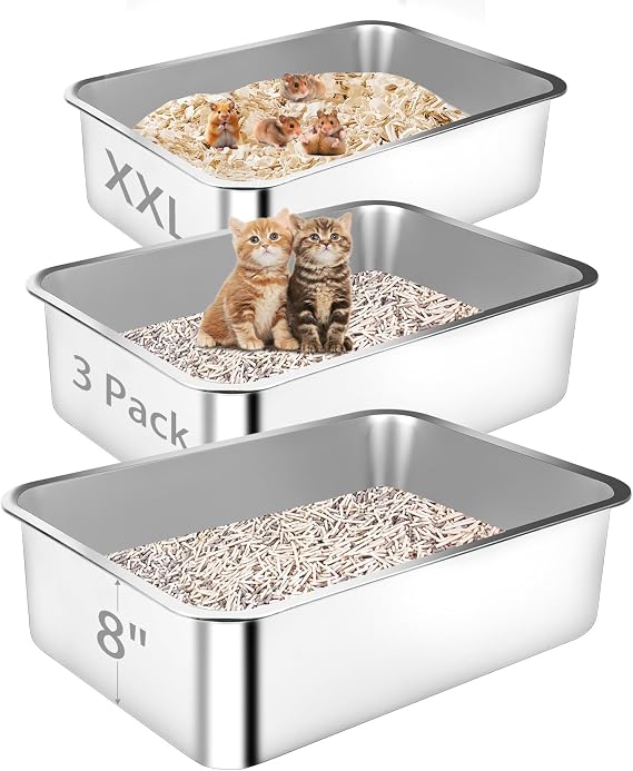 XL Stainless Steel Cat Litter Box 3 Pack, Large Metal Litter Pan | Stainless Steel Litter Tray with High Sides, Non-Stick, No Odor, Easy to Clean, Ideal for Multi-Cat Households(60x40x20cm)