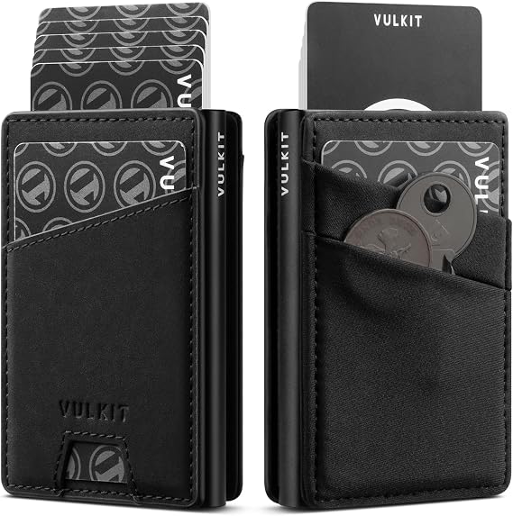 VULKIT Credit Card Holder with Money Pocket Pop up Wallet Metal Card Case RFID Blocking for Airtag, Coins and Cash Black