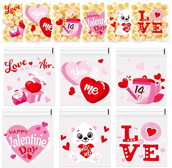 FOKICOS 300pcs Valentine's Day Cellophane Treat Bags Self Adhesive Clear Plastic Valentines Candy Cookie Gift Bags for Valentine's Day Party Favor Candy Goodie Bags Bulk