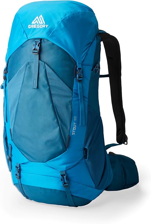 Gregory Stout 45L Backpacking Pack, Plus Size, Compass Blue | VersaFit adjustable torso length, breathable shoulder harness, key clip, Dual-side durable mesh pockets with top