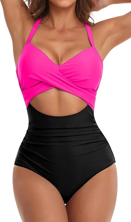 Eomenie Women's Tummy Control One Piece Swimsuit Cutout Bathing Suit | High Waisted,Tie Back,Wrap Front,Adjustable Straps,Soft Removable Cups,Slimming,Monokini for Beach Vacation,Pool Side