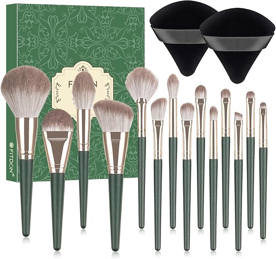 FITDON Makeup Brush, 14PCS Make Up Brushes Set Kabuki Foundation Face Powder Concealers Eyeshadow Blush Brushes with 2PCS Powder Puffs
