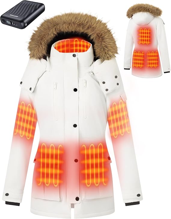 Heated Jackets for Women with 18400mAh 12V Battery Pack - Windproof Parka Womens Heated Jacket with Detachable Hood