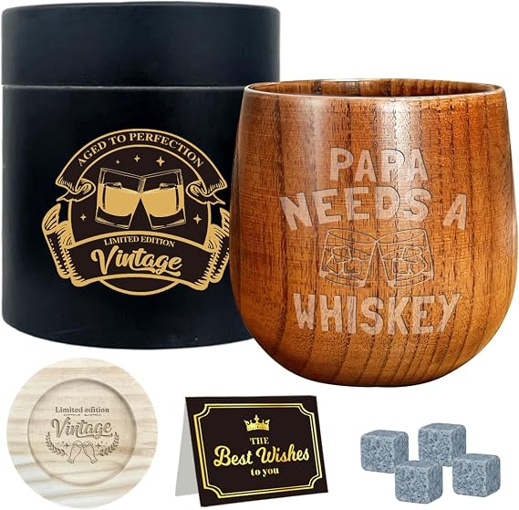 Papa Gifts Fathers Day Christmas Birthday Gift for Papa Dad Grandpa Grandfather Wooden Bourbon Drinking Glass Happy Retirement Retire Gifts for Frustration Men Grandparents