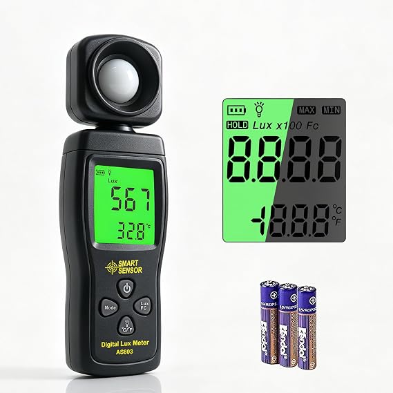 Digital Light Meter, Backlit LCD Display Lux/Foot Candles Meter with 180o Rotating Sensor, Range up to 200,000 Lux Luxmeter,for Photography Plants Lighting Intensity Brightness Measurement