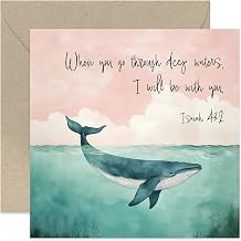 Beautiful Religious Greeting Cards - Thinking of You - Thoughts and Prayers - When You Go Through Deep Waters - Whale Design - For Friends and Family - Faith | Bible Verse Card