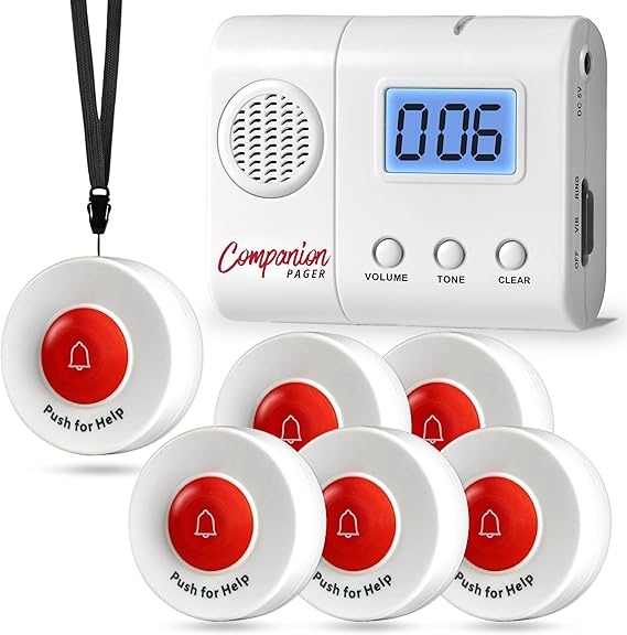 Wireless Caregiver Pager System with 6 Call Buttons and LCD Pager