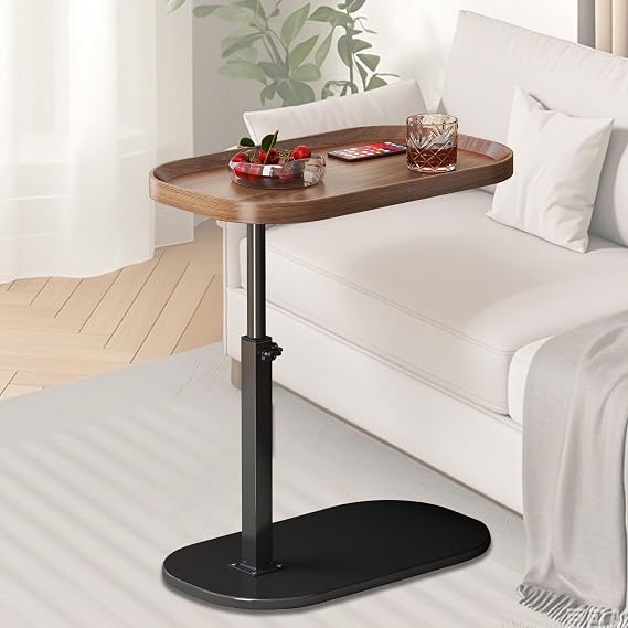Adjustable Height C Shaped Side Table, Lift up Laptop Tv Tray for Sofa and Bedside, 360°Swivel Small Coffee C Table, Modern Under Sofa Table, Narrow Dinner Desk for Living Room Snack Tea(Walnut)