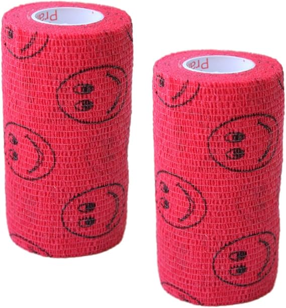 2 Pack Premium Vet Wrap - Self Adhesive Bandage Wrap & Athletic Tape- 4" x 5 Yards Elastic & Self-Sticking Cohesive Bandage for Pets, Sports, Wrists, Ankles - Red with Smiles by Prairie Horse Supply