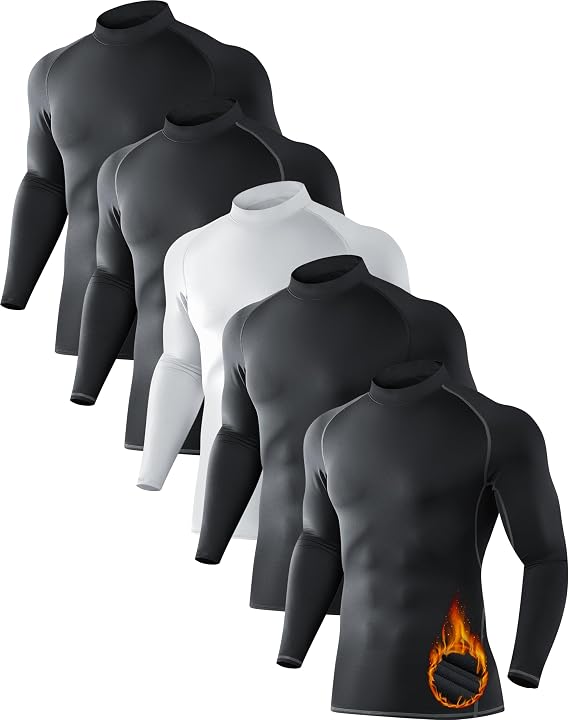 5 Pack Men's Thermal Compression Shirts Fleece Lined Turtle Mock Neck | Micro fleece lined, moisture wicking, lightweight, tagless, quick dry, 4 way stretch, elastic fabric, winter gear, lounging