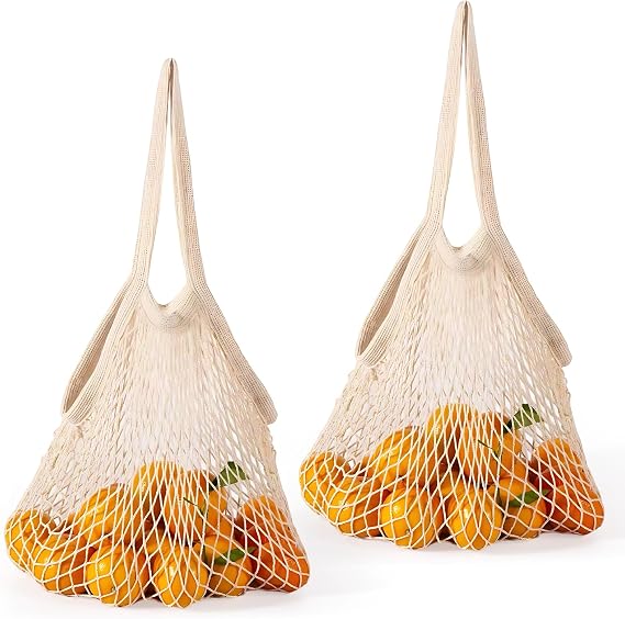 2Pcs Grocery String Bags, Reusable Cotton Mesh Net Produce Bag Eco-Friendly for Organic Fruits Vegetables Commodities Lightweight and Washable for Produce Shopping Outgoing Travel Beige Long Handle
