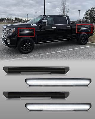 4 PCS Smoked Lens LED Side Marker Lights Replacement for Sierra 2500HD 3500HD 2020 2021 2022 2023 2024 2025, Front & Rear Side Marker Lamp Assembly Kit Smoked Lens White Light