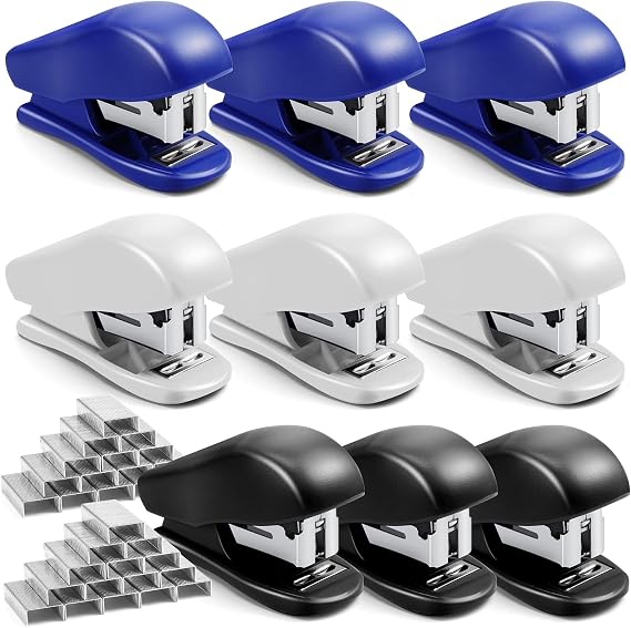 9 Pieces Mini Stapler with Staples, Blue, White, Black