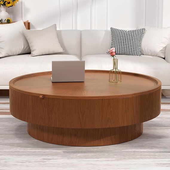 Modern Round Coffee Table with Hidden Storage, Brown D100cm