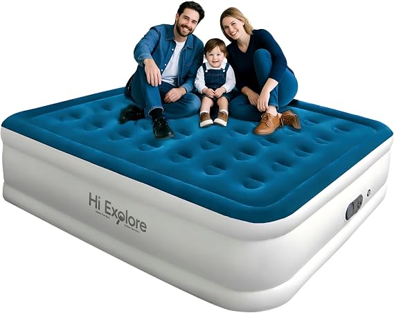 Air Mattress Queen with Built in Pump Raised, with Comfort Plush, Inflatable Blow Up Mattress, Portable Air Bed for Home, Guests, Camping,(Blue, 18 Height)