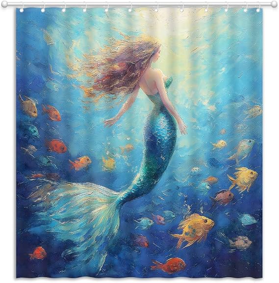 Blue Mermaid Shower Curtain Oil Painting Style Underwater Fish Aesthetic Ocean Fabric Bathroom Decor Curtains with Hooks, 70" Wx70 H