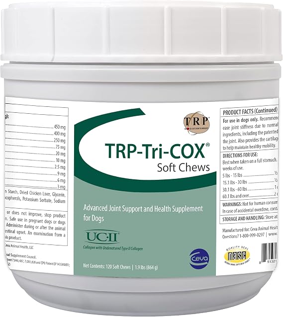 TRP-Tri-COX Soft Chews for Dogs, Hip & Joint Support Supplement with Glucosamine, MSM, UC-II Collagen & Omega-3s, Mobility & Joint Health Support, 120 Soft Chews