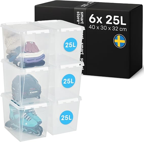 SmartStore - 6x Plastic Storage Box with Lid Classic 25L (40x30x32cm) |Plastic Storage Drawers with Lid|Food-Safe Material|Kitchen & Organisation|Durable Container for Home & Office|