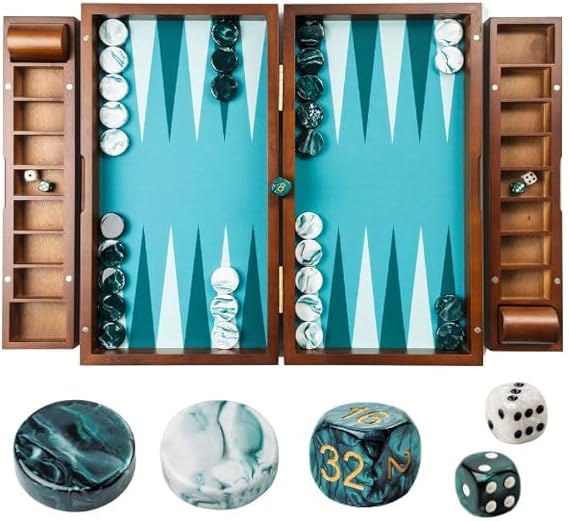 Pointworks 20" Large Backgammon Set for Adults Green Backgammon Board Solid Wood Removable Accessory Tray Premium 1.5" Checkers & Dice Set Backgammon Game Set Backgammon Table