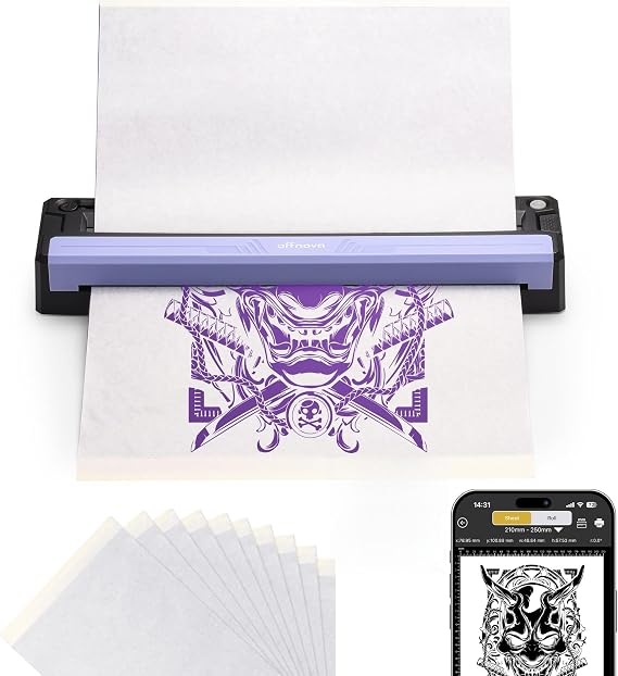 OFFNOVA Wireless Tattoo Stencil Printer Portable Thermal Printer for Tattoo Transfer, 3D Preview, Photorealistic Linework, Compatible with iOS/Android/PC, Includes 10 Transfer Papers