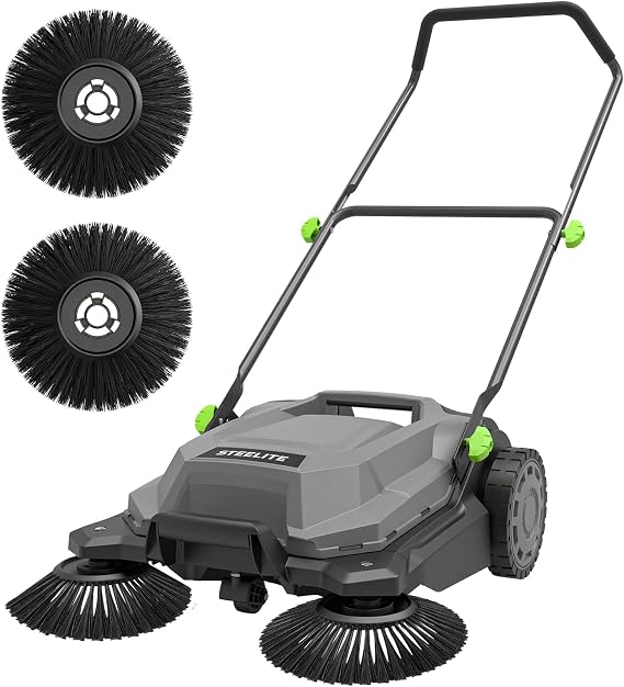 STEELITE Walk-Behind Hand Push Floor Sweeper, 26.8" Sweeping Width Floor Sweeper Manual Non-Electric, 6.35 Gal Waste Container, Angle & Height Adjustable Folding Handle for Walkway, Yard