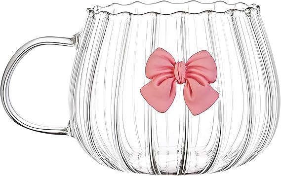 Glass Pumpkin Cups,Beverage Glass Cup,Cute Bow Single Layer Reusable Coffee Cup,Vertical stripe Coffee Mug With Handle For Milk Tea Espresso Cappuccino Mocha (pink)