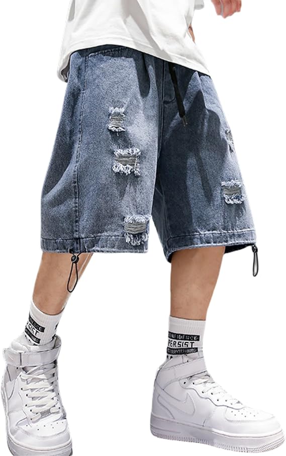 FCOOLYEET Mens Y2k Baggy Jean Shorts Jorts Grunge Ripped Demin Shorts Loose Fit Aesthetic Jeans Blue