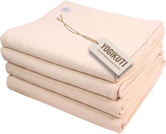Yogikuti Iyengar Yoga Blanket Set of Four Thick Handwoven Cotton Blankets for Restorative Yoga, Meditation and Pranayama Supportive Yoga Prop for Comfort, Alignment and Deep Relaxation - (White)
