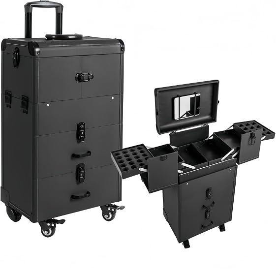 Rolling Makeup Case Makeup Organizer Cart Cosmetology Case on Wheels Cosmetic Organizer Train Cases Lockable Portable Cosmetic Organizers Trolley with Keys, Travel Cases for Salon (Black)