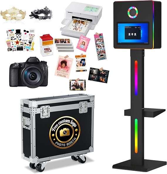 DSLR Photo Booth with Camera & Printer,Mirror Photo Booth with 15.6" Touch Screen,Flight Case,Built-in Mini PC,App ControlPerfect for Weddings,Parties,Event Rentals (Black, Camera+Printer)