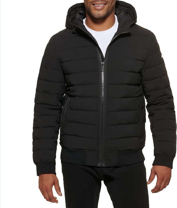 DKNY Men's Quilted Performance Hooded Bomber Coat