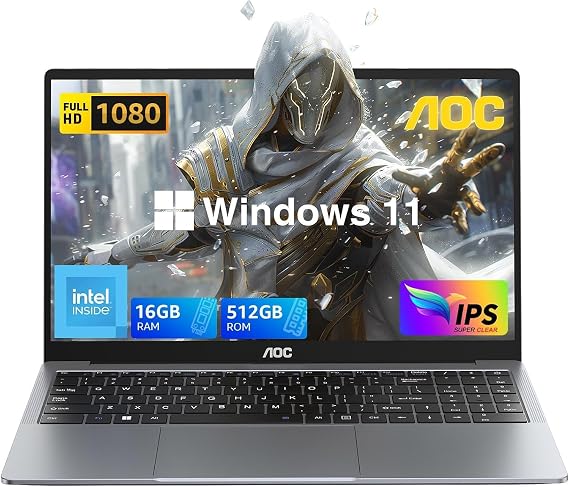 AOC Laptop Computer 15.6 Inch FHD Screen Laptop with N95 Processor(Up to 3.4GHz) 16GB RAM 512GB SSD Work Laptops Windows 11 Laptop Computer, Light&Thin, Metal Shell, Webcam, Type-C, USB3.2,111