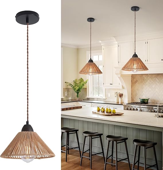 Rattan Light Shade Pendant Ceiling Light, Boho Chandelier Light Fixture Adjustable Height,Farmhouse Coastal Pendant Light Fitting for Kitchen, Dining Room, Bedroom [Energy Class A]