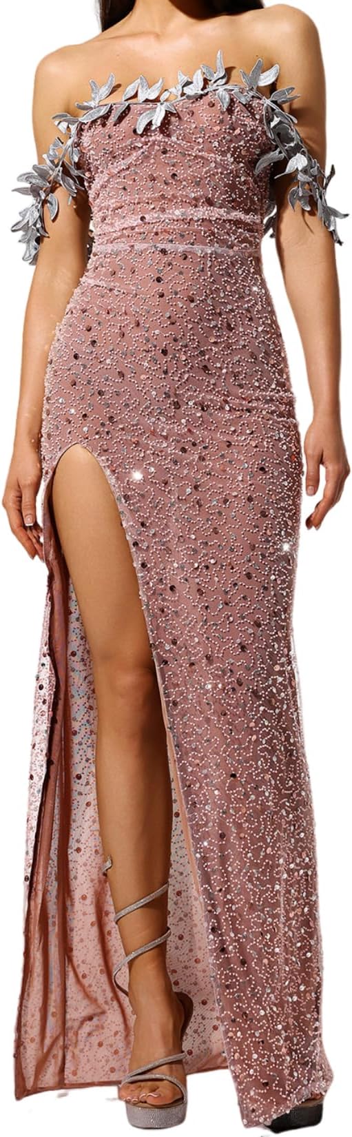 BELLA BARNETT Beige Strapless Off Shoulder Sexy High Slit Evening Dress Lace 3D Butterfly Maxi Slim Elegant Prom Dress