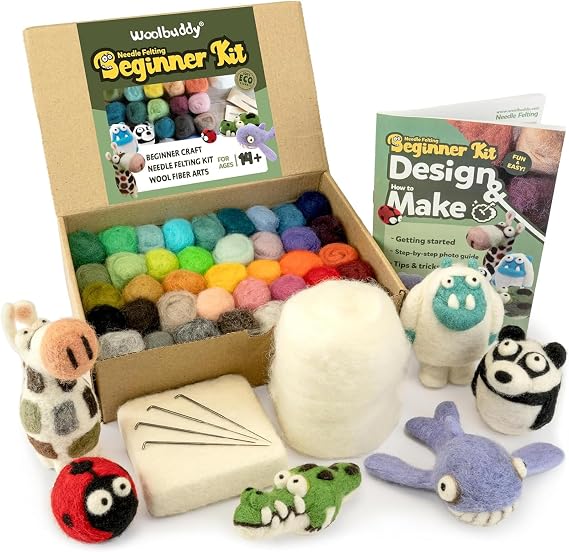 Woolbuddy Needle Felting Kit Beginner Set, 40 Colors, White Core Wool, Tool