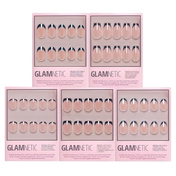 Glamnetic Press-On Nails Bundle - Burnt Miso, Squid Ink, Smoke Salt, Onyx Glaze & Balsamic Glaze | 5 Glazed Black French Tips in Super, Squoval, Short Oval, Short Round, Medium Coffin |