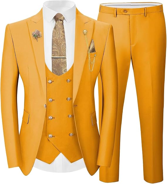 Wangyue 3 Pieces Suits for Mens Slim Fit Gold Button Double Breasted Suit Men Tuxedos Wedding Suits Set Mens White Suit