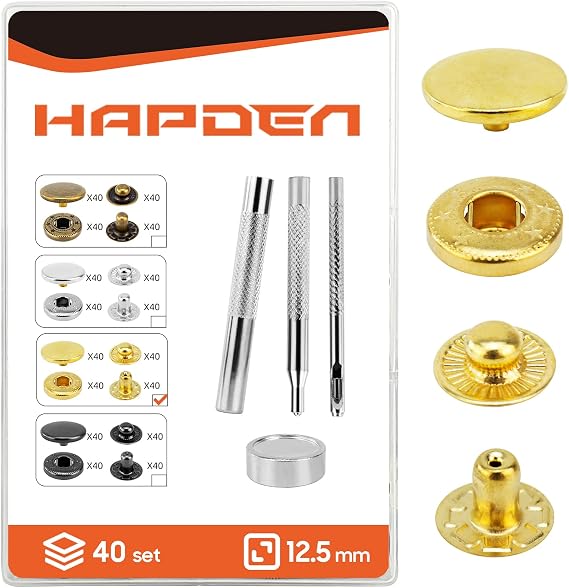 Leather Snaps and Fasteners Kit,12.5mm 40 Sets Metal Snap Buttons with Setter Tools, Sewing Snaps for Clothing,Fabric,Leather, Clothes, Jackets, Bags, DIY Crafting (Gold)